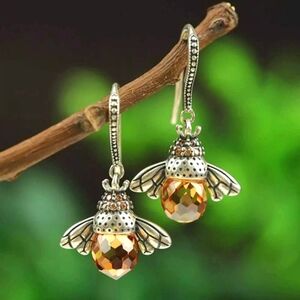 Queen Bee Amber Zircon Crystal Earrings Silver Hook Dangle Earrings